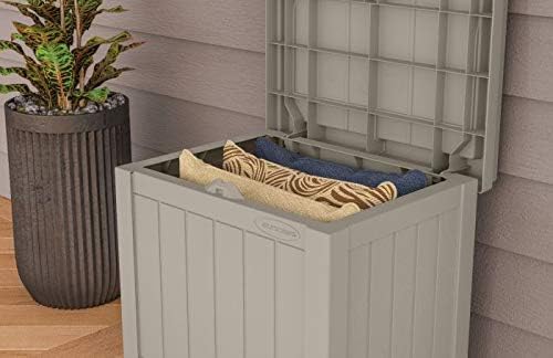 Suncast Small Deck Box-Lightweight Resin Indoor\/Outdoor Storage Container and Seat Cushions and Gardening Tools Store Items on Patio, Garage, Yard, 22 Gallon, Light Taupe