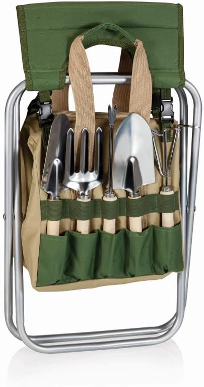 ONIVA - a Picnic Time Brand - Disney Mickey Mouse Gardener 5 Piece Gardening Tools Set with Garden Stool, Gardening Gifts, Garden Tool Set, (Olive Green with Beige Accents)