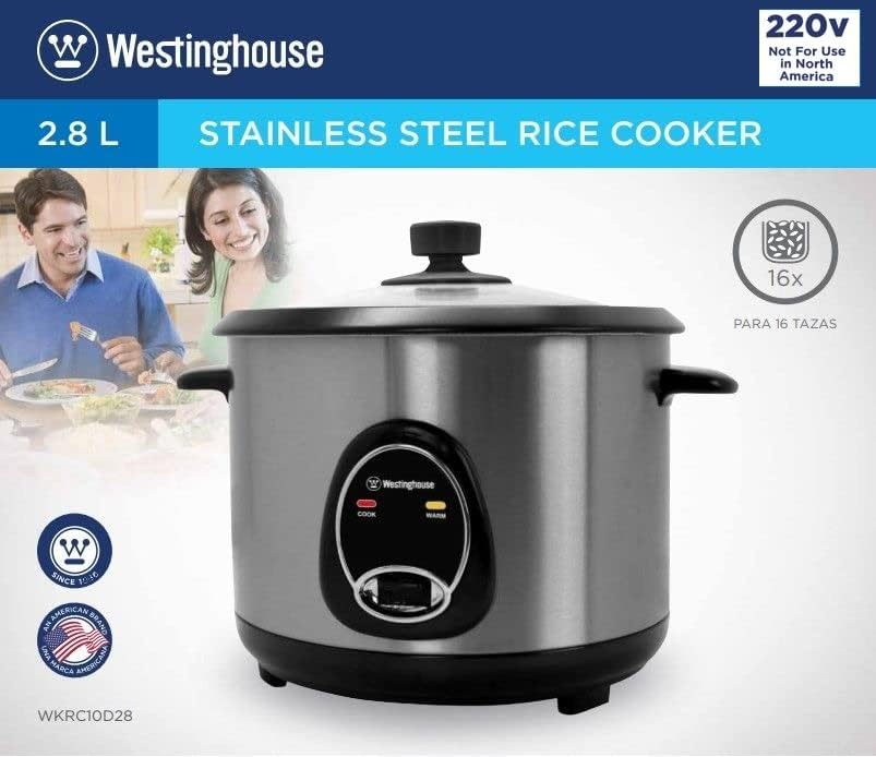 Westinghouse 220 Volts Rice Cooker 16 Cup, Non Stick Cooking Pot, Measuring Cup, Keep Warm Function-Stainless Steel-1000W (NOT FOR USE IN USA)
