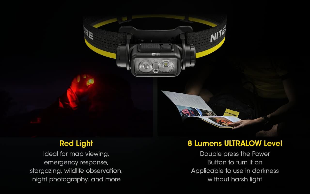 Nitecore NU43 Rechargeable Headlamp, 1400 lumens USB-C Bright Lightweight for Camping, Running, or Working, with Spotlight, Floodlight, Red Light