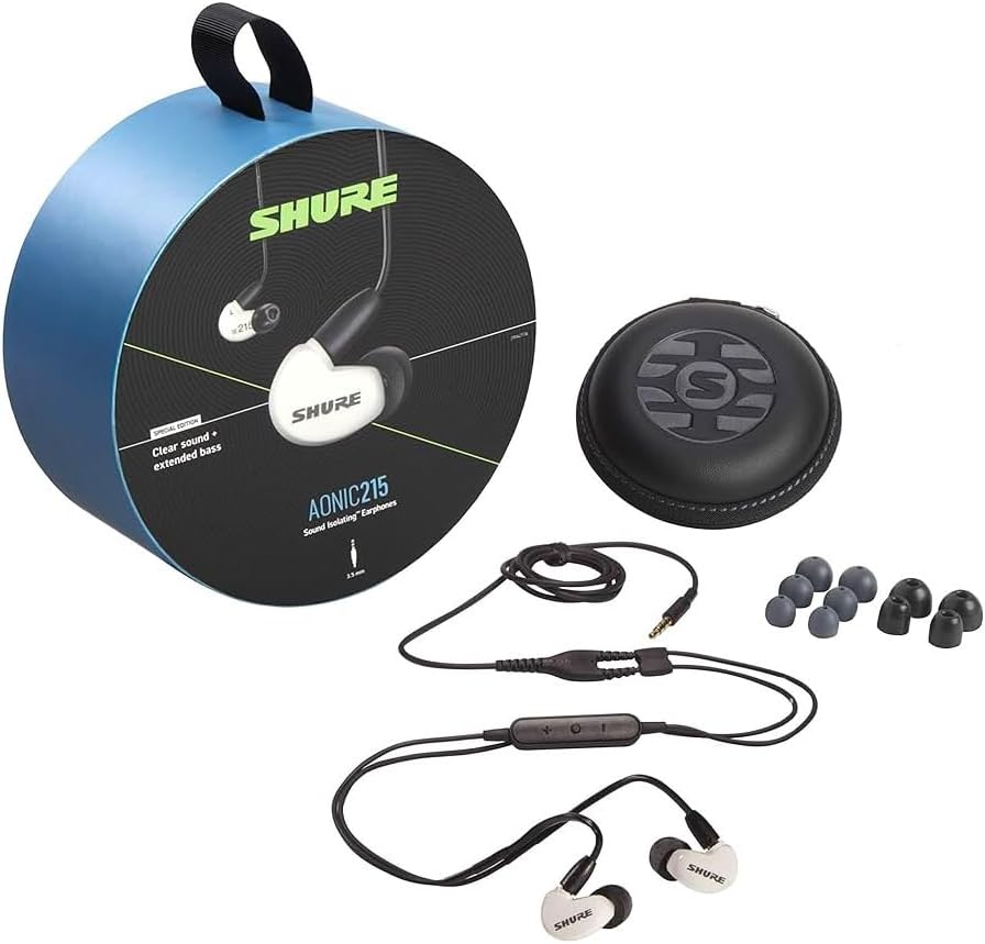 Shure AONIC 215 Wired Sound Isolating Earbuds, Clear Sound, Single Driver, Secure In-Ear Fit, Detachable Cable, Durable Quality, Compatible with Apple & Android Devices - White
