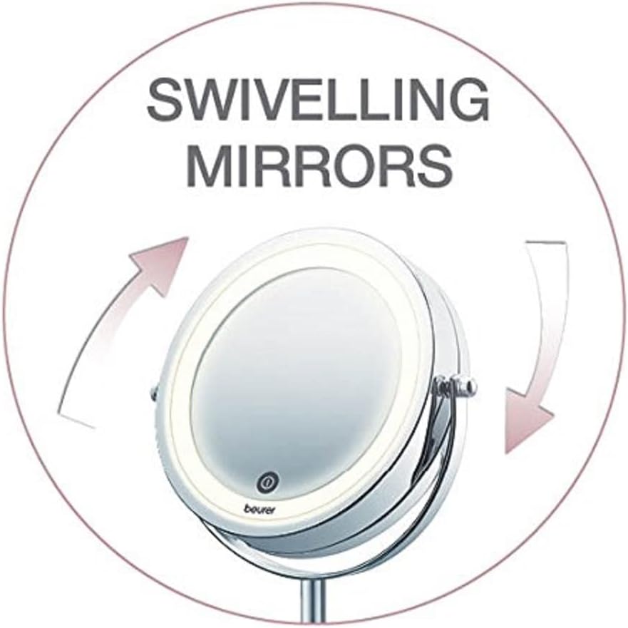 Beurer BS 55 Makeup Mirror with Light, Bright LED (18 LEDs), Pivoting Mirror, Touch Sensor On, 1 Side with Normal View, 1 Side with Magnification View (x7), Chrome Finishes