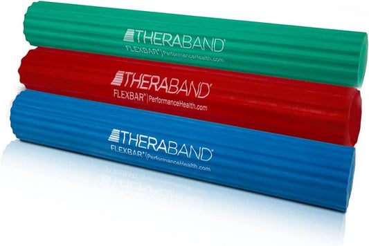 THERABAND FlexBar, Tennis Elbow Therapy Bar, Relieve Tendonitis Pain & Improve Grip Strength, Resistance Bar for Golfers Elbow & Tendinitis, 3 pack, Light-Medium-Heavy, RED\/GREEN\/BLUE