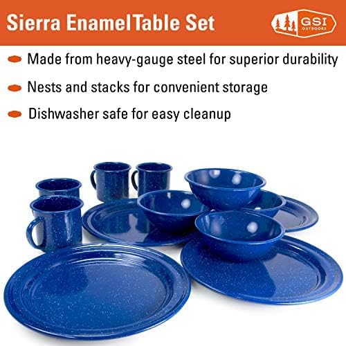 GSI Outdoors Sierra Enamel Table Set for Four with Bowls, Plates and Cups for Camping