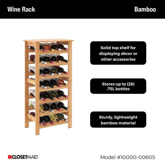 ClosetMaid 28 Bottle Standing Floor Wine Storage Rack Tower with Top Shelf, Bamboo Wood, Tan