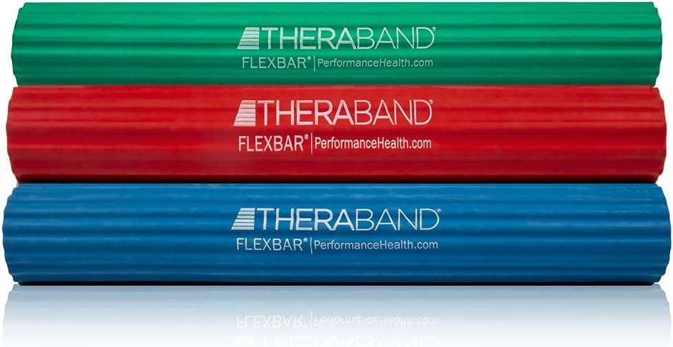 THERABAND FlexBar, Tennis Elbow Therapy Bar, Relieve Tendonitis Pain & Improve Grip Strength, Resistance Bar for Golfers Elbow & Tendinitis, 3 pack, Light-Medium-Heavy, RED\/GREEN\/BLUE