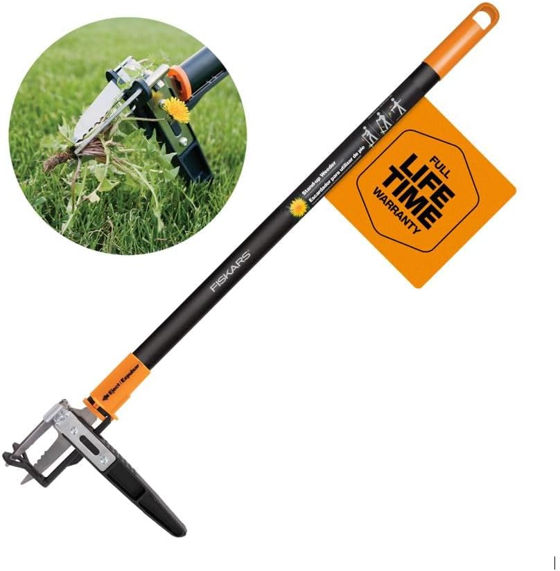 Fiskars 3-Claw Stand Up Weeder - Gardening Hand Weeding Tool with 39" Long Ergonomic Handle - Easy-Eject Mechanism - Black\/Orange