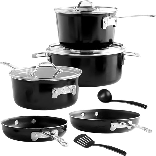 Gotham Steel 10 Pc Pots and Pans Set Non Stick Cookware Set, Kitchen Cookware Sets, Pot and Pan Set, Pot Set, Space Saving Pots and Pans Set with Lids, Induction Cookware Set, Dishwasher Safe, Black