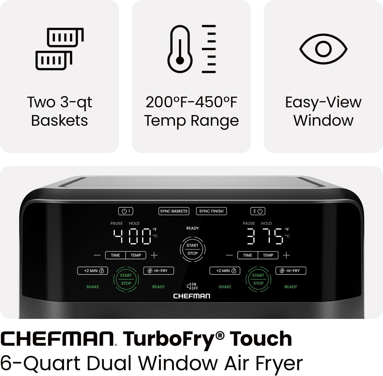 CHEFMAN 6 Quart Dual Basket Air Fryer Oven with Easy View Windows, Sync Finish, Hi-Fry, Auto Shutoff, 2 Independent 3Qt Nonstick Dishwasher Safe Frying Baskets, Digital Double Air Fryer - Black