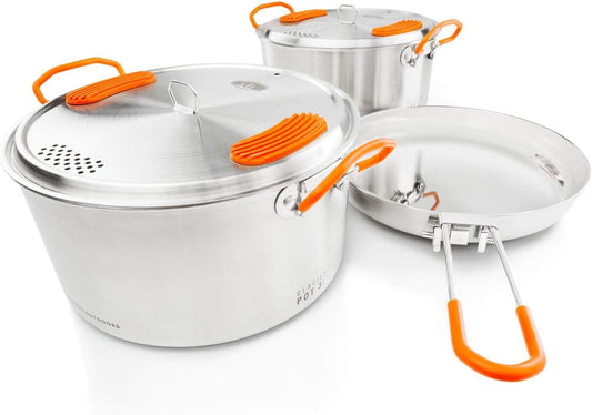 GSI Outdoors Glacier Stainless Steel Base Camper - Medium - 3 Pieces Cookset - Compact, & Durable Pot Pan for Camping