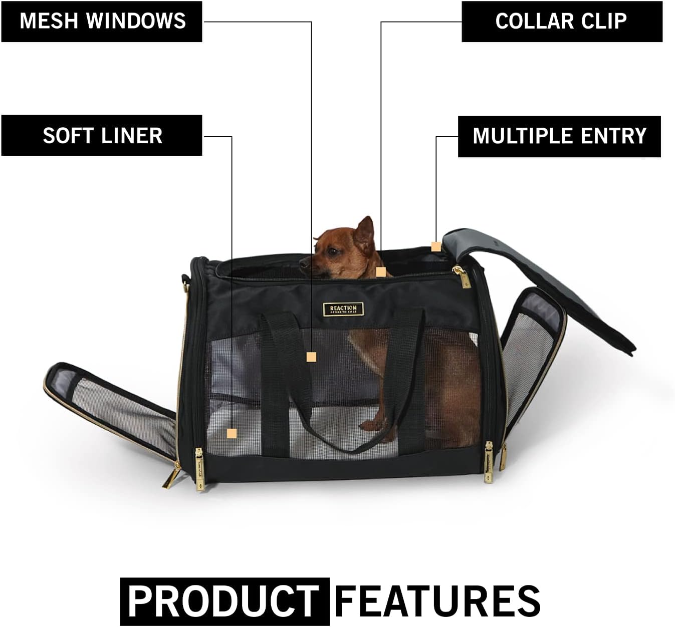 Kenneth Cole Reaction Collapsible Travel Pet Carrier Soft Multi-Entry Folding Portable Kennel Crate for Puppy Dog, Cat, and Rabbit Carrier Bag,Up to 16 Lbs,Black