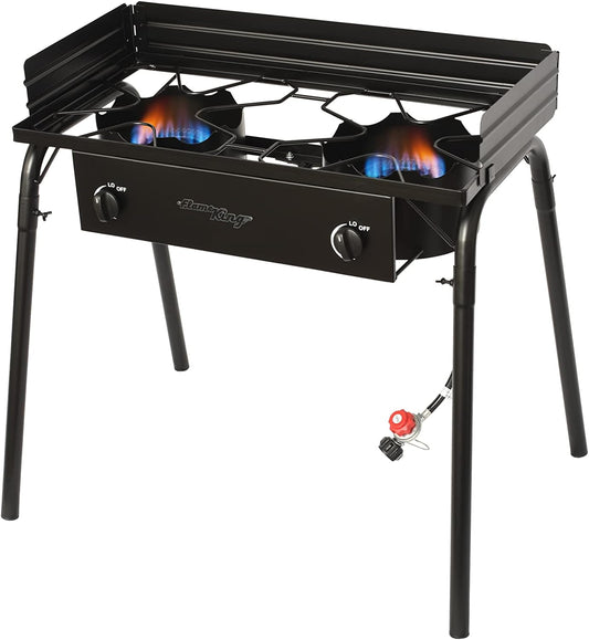 Flame King Outdoor Propane Double Dual Burner Stove 200K BTU Turkey Fryer/Camp Cooker, Portable with Stand Great for Backyard Cooking, Home Brewing & Canning
