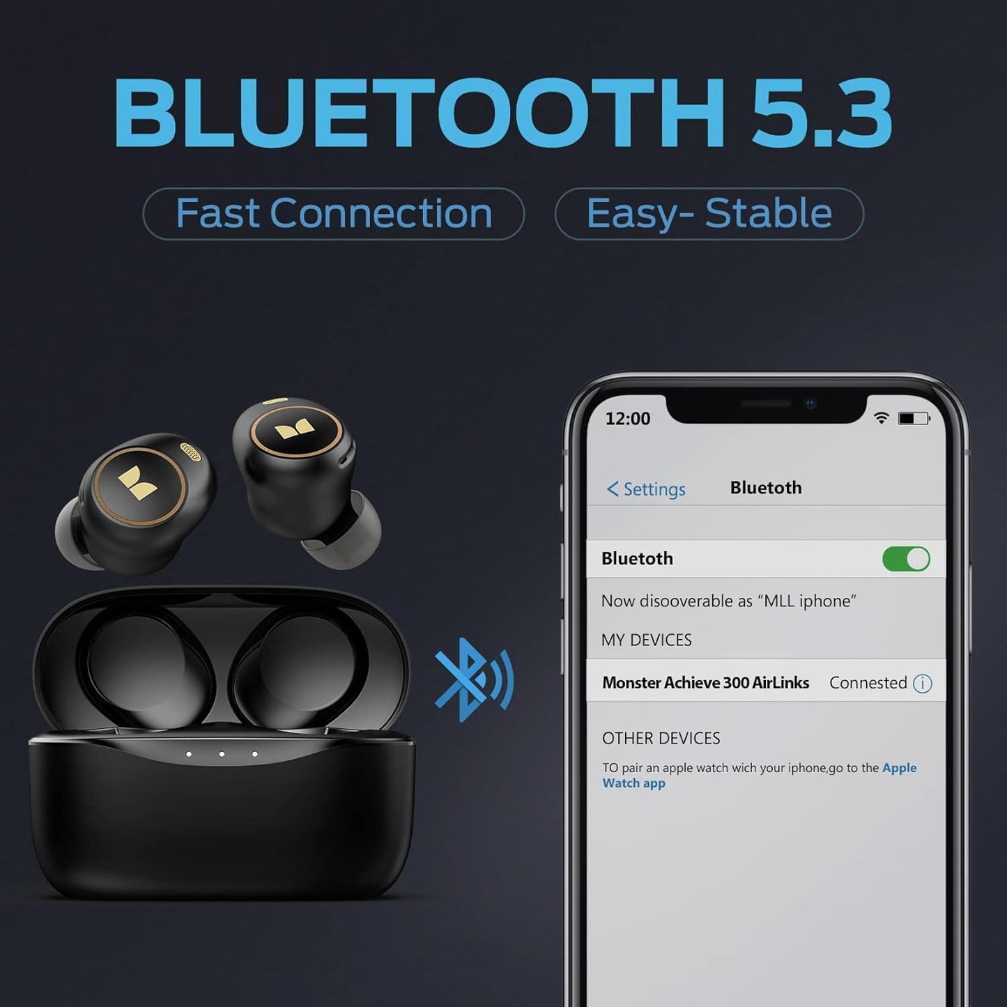 Monster Wireless Earbuds, Achieve 300 AirLinks Bluetooth Headphones Touch Control with Charging Case, Bluetooth Earbuds, Black