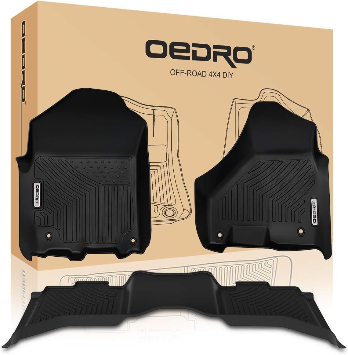 OEDRO Floor Mats Compatible for 2013-2018 Dodge Ram 1500\/2500\/3500 Crew Cab, 2019-2024 Dodge Ram 1500 Classic Crew Cab, Unique Black TPE All-Weather Guard Includes 1st and 2nd Row: Full Set Liners