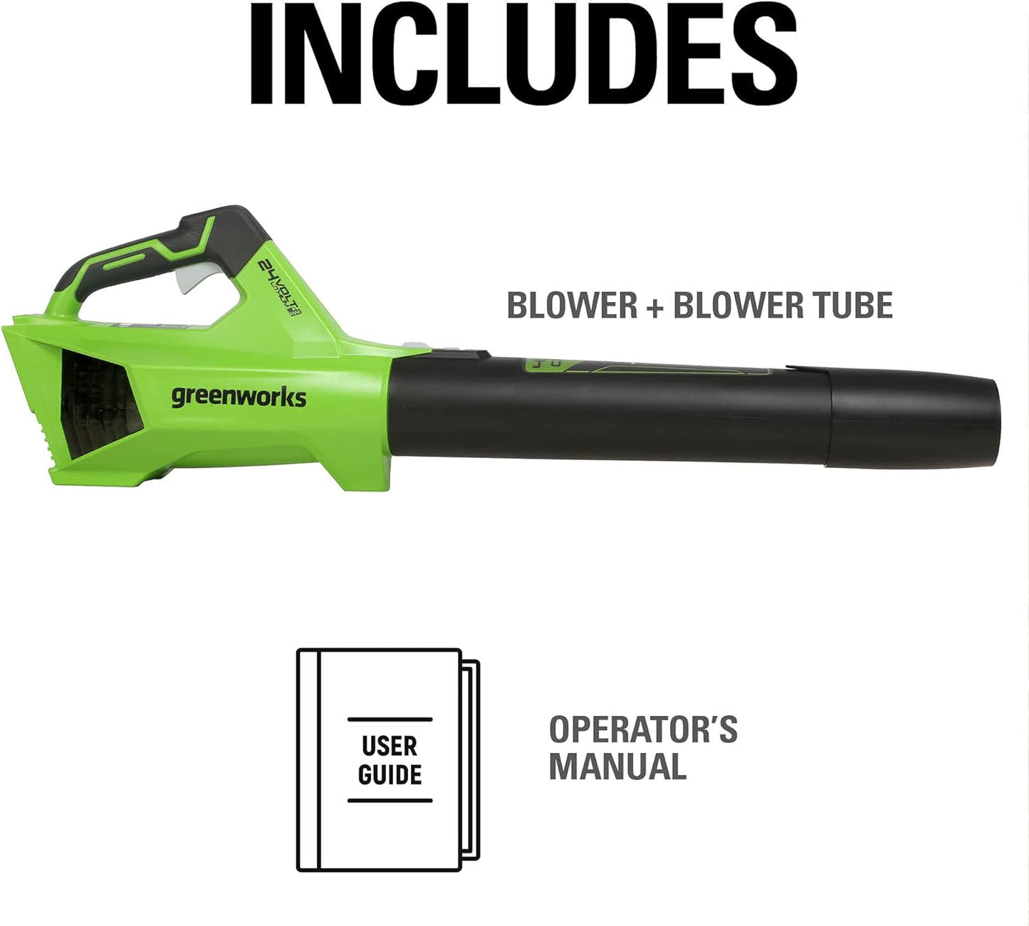 Greenworks 24V (110 MPH \/ 450 CFM \/ 125+ Compatible Tools) Cordless Brushless Axial Leaf Blower, Tool Only