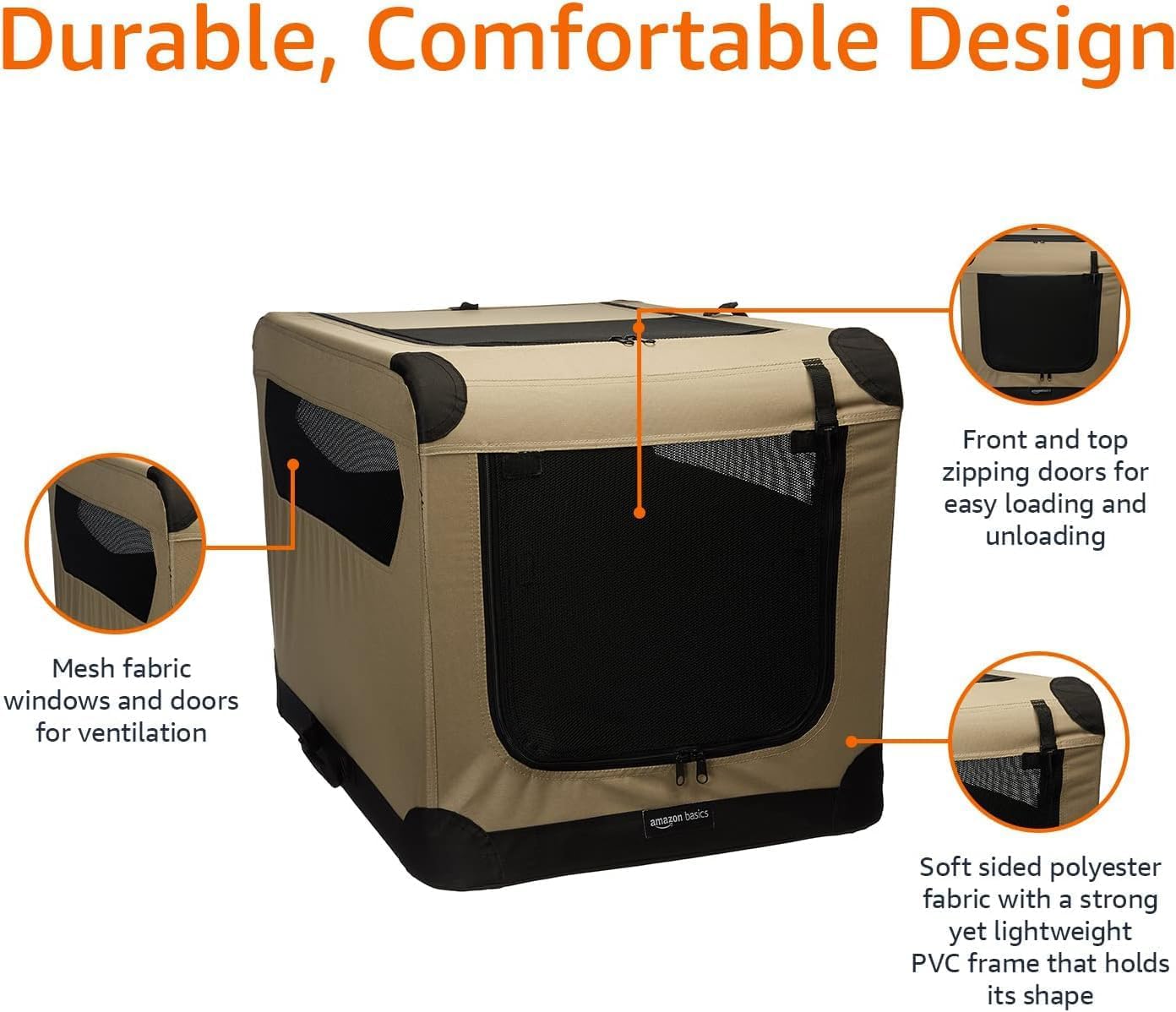 Amazon Basics 2-Door Portable Soft-Sided Folding Soft Dog Travel Crate Kennel, Medium (29.92 x 21.3 x 21.3 Inches), Tan