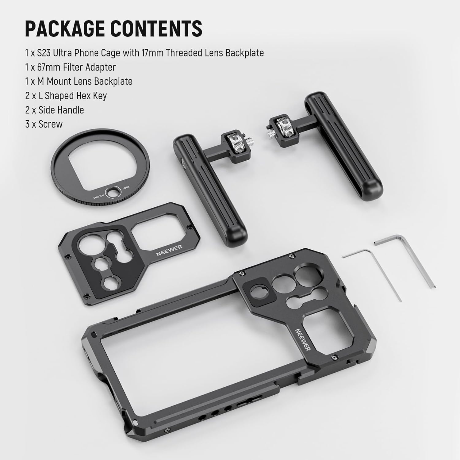 NEEWER Galaxy S23 Ultra Phone Cage Video Rig with Dual Side Handles, 67mm Threaded Filter Adapter, 17mm & M Mount Lens Backplates, Phone Stabilizer for Video Recording Filmmaking, PA021+PA033
