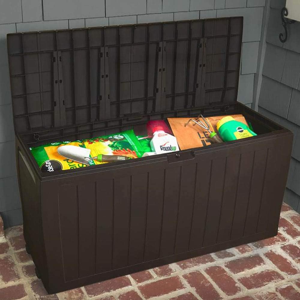 Keter Marvel Plus 71 Gallon Resin Deck Box-Organization and Storage for Patio Furniture Outdoor Cushions, Throw Pillows, Garden Tools and Pool Toys, Brown