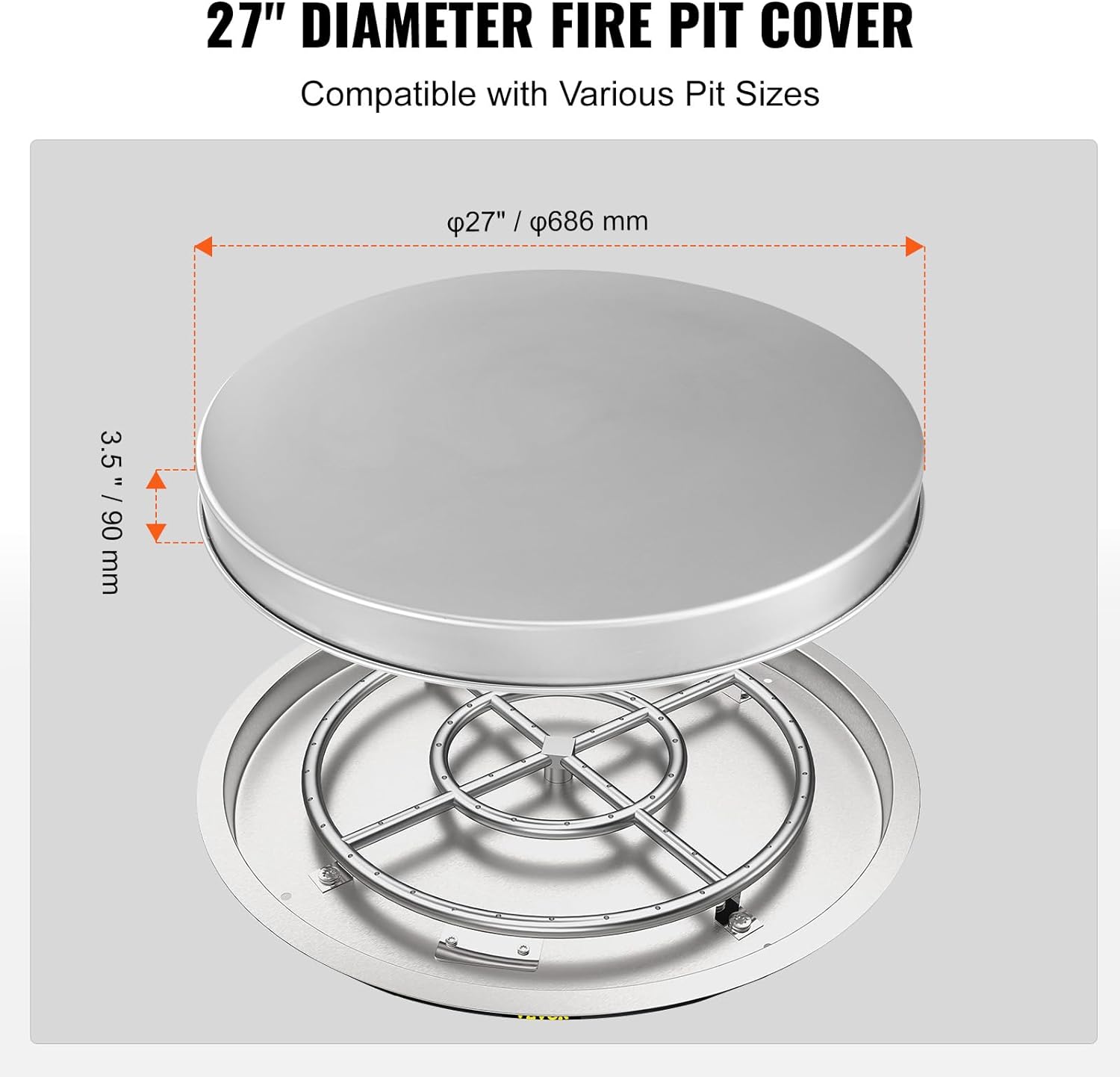 VEVOR Fire Pit Cover Lid, Compatible with The Solo Stove Bonfire 27" Portable Firepit Spark Screen,Stainless Steel Metal Cover, Wood Burning and Camping Stove Accessory, for Outdoor Patio Backyard