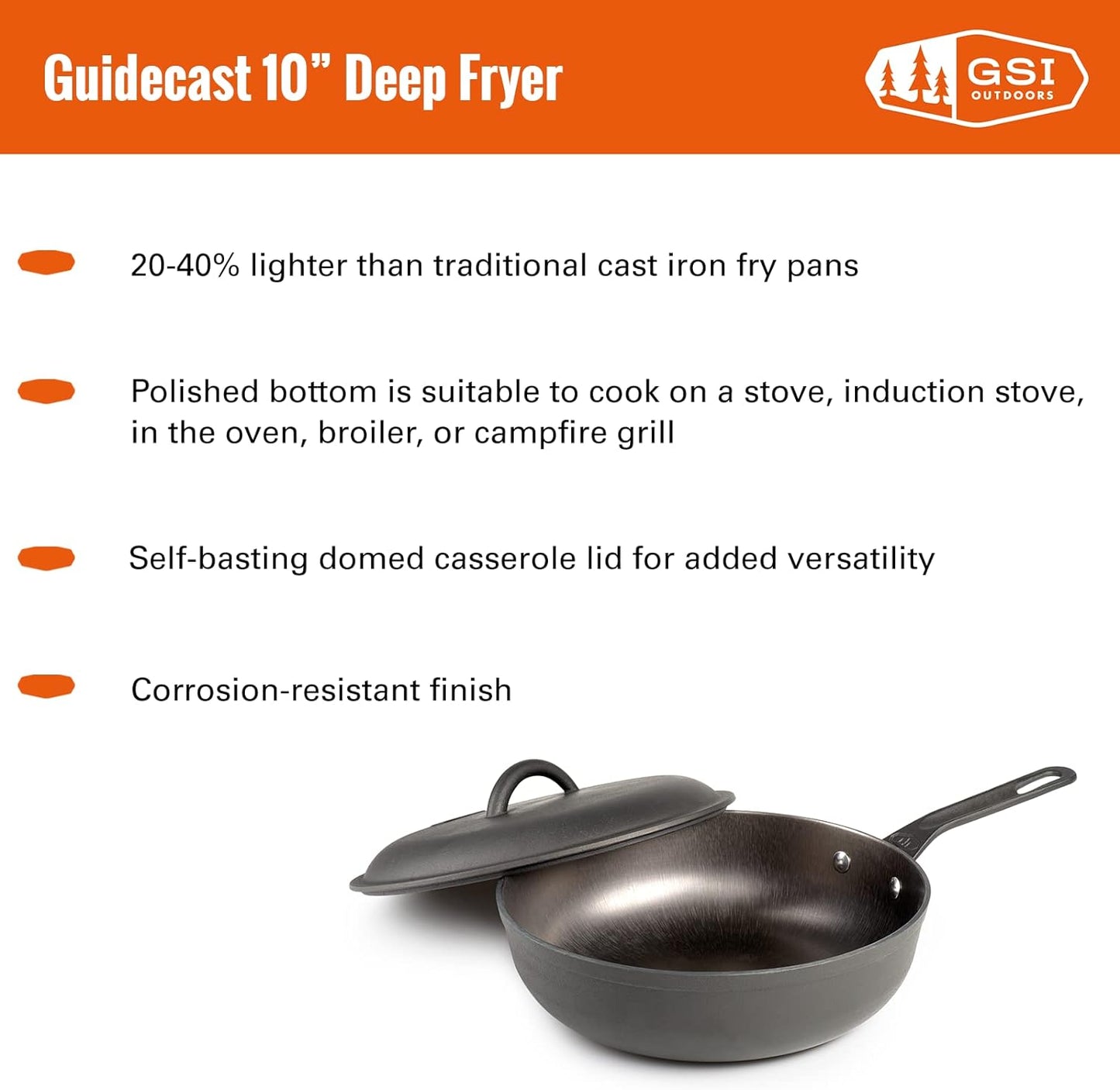 GSI Outdoors Guidecast 10" Deep Fry Pan | Lightweight Cast Iron Frying Pan for Camping, Cabin and Home Kitchen