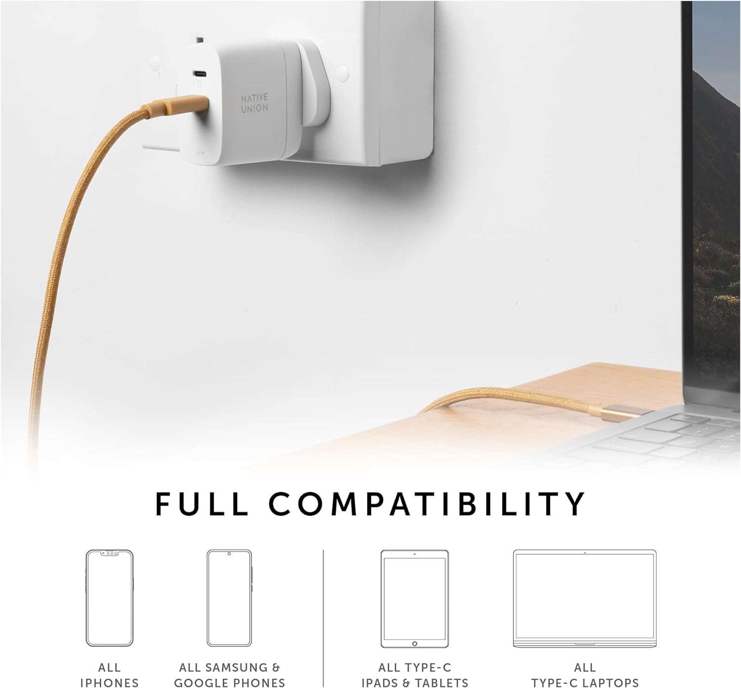 Native Union Fast GaN Charger PD 67W \u2013 Ultra-Compact Multi-Device Power Delivery Enabled USB-C Charger Up to 67W \u2013 for MacBook Pro, iPads, iPhones, Pixel, Galaxy & Other Type-C Devices (White)