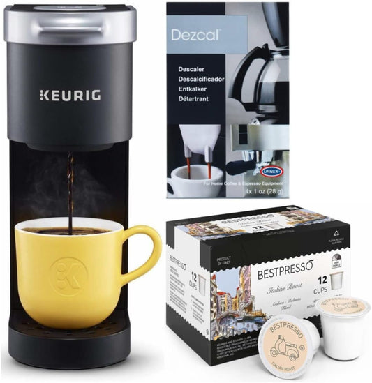 Keurig K-Mini Single-Serve Coffee Maker (Black) Bundle with Acid-Based Coffee and Espresso Machine Descaling Powder and 12-Count Single-Serve K-Cup Italian Roast Coffee (3 Items)