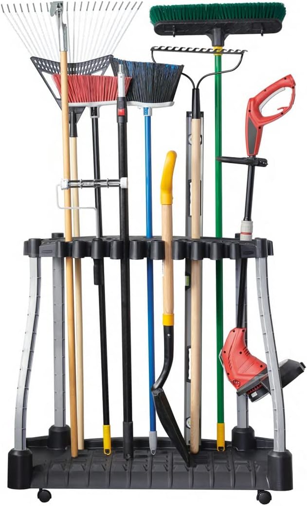 Rubbermaid Garage Tool Tower Rack, Easy to Assemble, Wheeled, Organizes up to 40 Long-Handled Tools\/Rakes\/ Brooms\/Shovles in Home\/House\/Outdoor\/Shed, Black