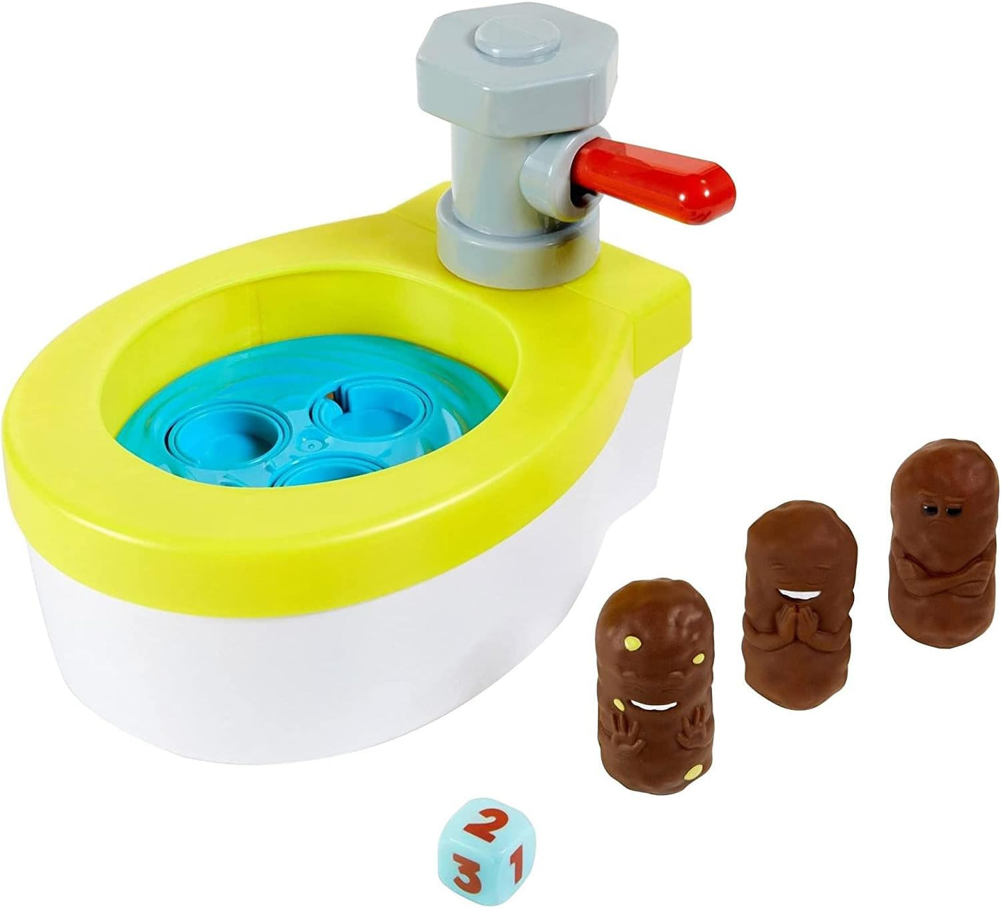 Mattel Games Flushin\u2019 Frenzy Overflow Kids Game with Toy Toilet, 3 Poopers, 1 Die & Instructions, Gift for Children Ages 5 Years & Older