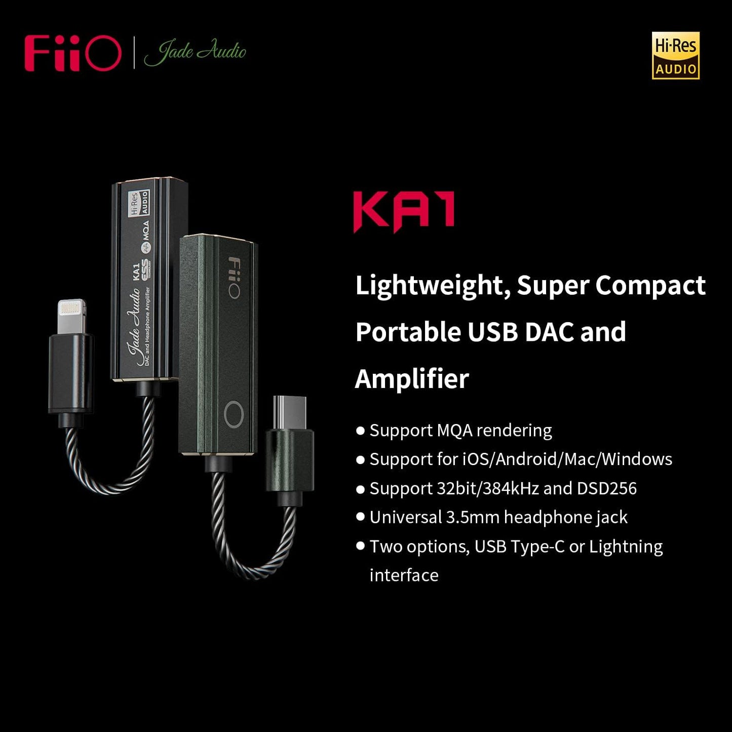 FiiO JadeAudio KA1 Headphone Amps Tiny Amplifier USB DAC High Resolution Lossless for Smartphones\/PC\/Laptop\/Players(Lightning, Black)