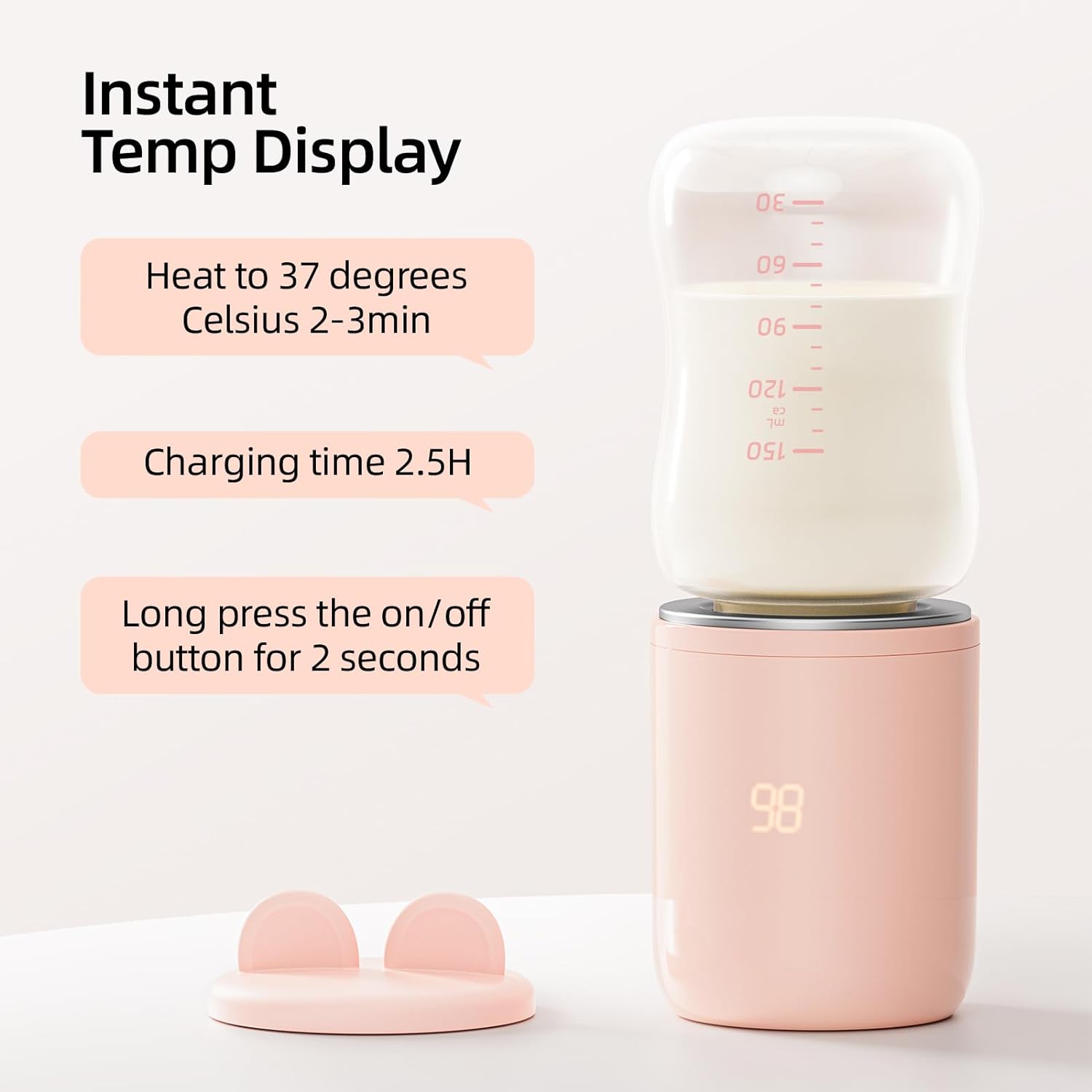 Iuzuo Portable Baby Bottle Warmer, Fast Baby Bottle Warmer for Travel with 5 Adapters, Rechargeable Bottle Warmer On The Go with Precise Temperature Control for Breast Milk, Formula