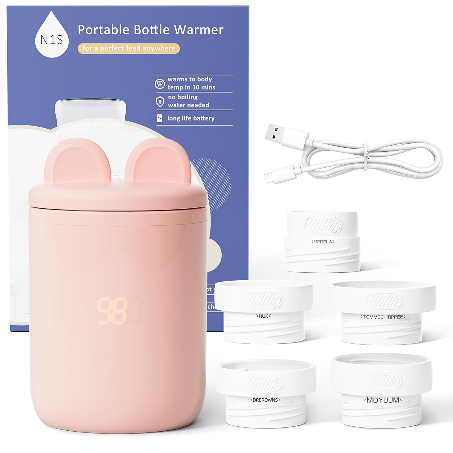 Iuzuo Portable Baby Bottle Warmer, Fast Baby Bottle Warmer for Travel with 5 Adapters, Rechargeable Bottle Warmer On The Go with Precise Temperature Control for Breast Milk, Formula