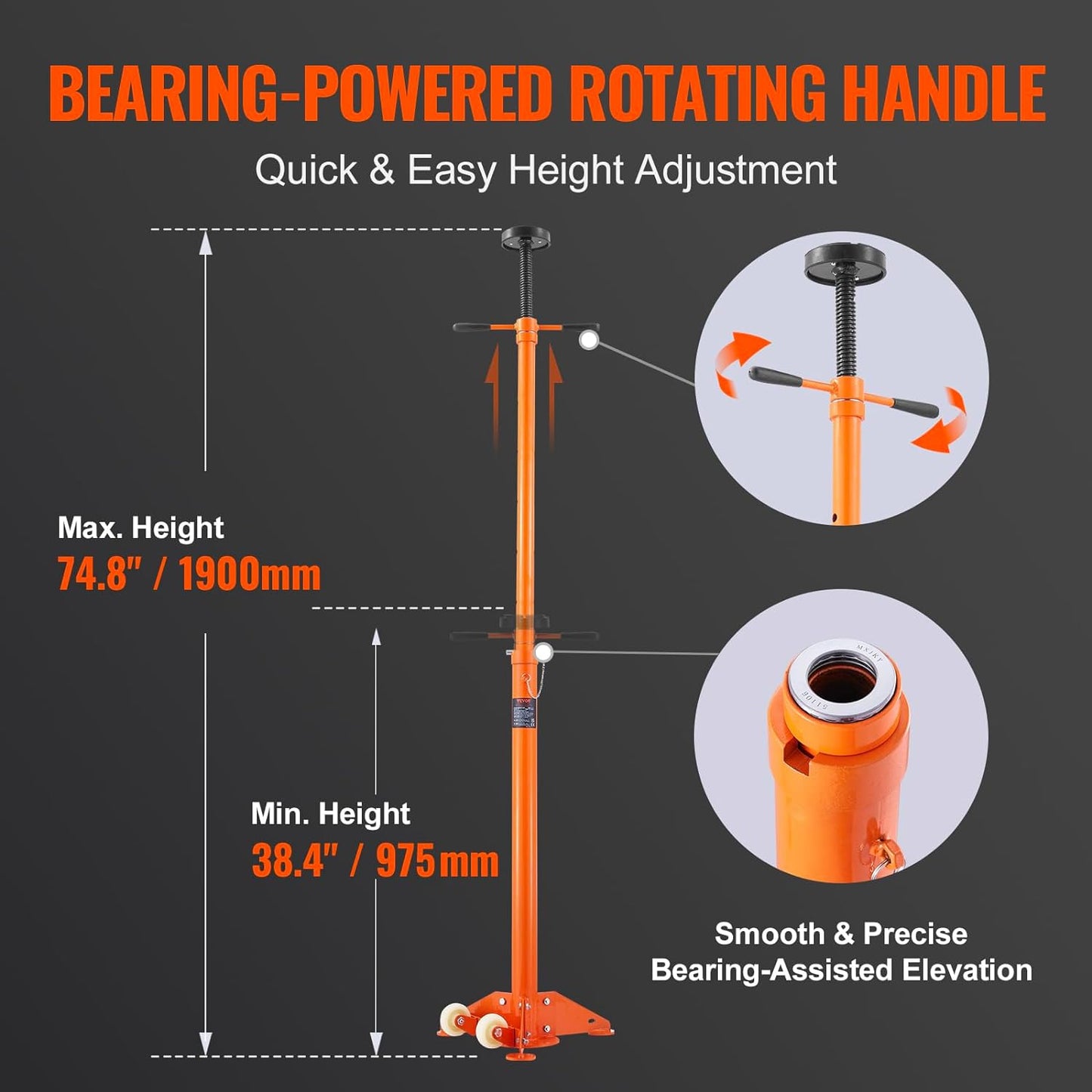 VEVOR SJS-10 Underhoist, Lifting from 38.4" to 74.8" 3\/4 Ton Capacity Under Hoist Jack Stand, Bearing Mounted Spin Handle, Two Wheels, Self-Locking Threaded Screw, Support Vehicle Components, Orange