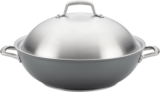 Anolon Accolade Forged Hard Anodized Nonstick Wok \/ Stir Fry Pan with Lid, 13.5 Inch - Moonstone Gray