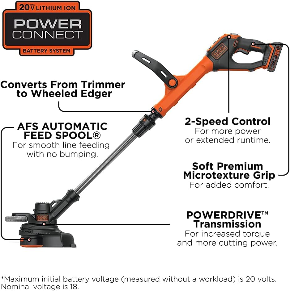 BLACK+DECKER 20V MAX String Trimmer and Edger, Cordless, 12 Inch, 2-Speed Control, 2 Batteries, Charger, and Spool Included (LSTE525)