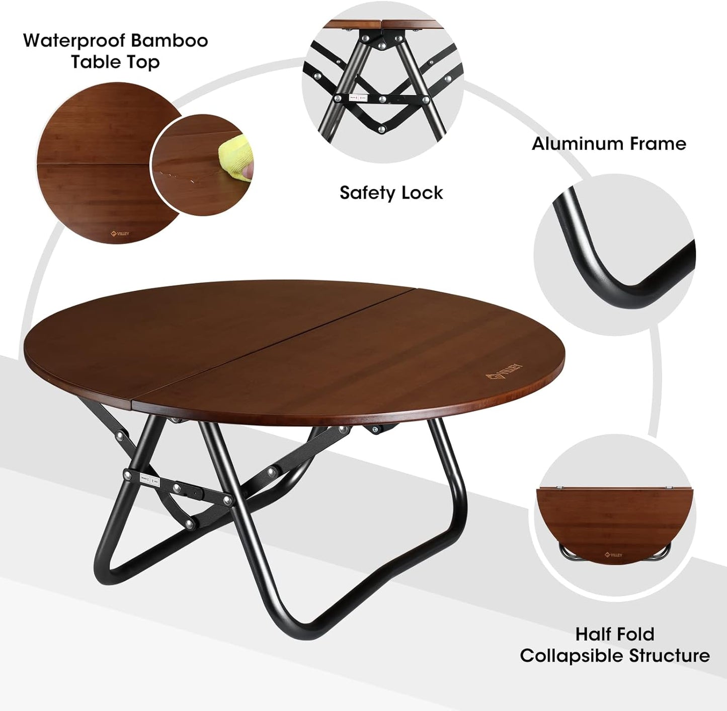 VILLEY Bamboo Round Folding Table, Camping Half-fold Portable Table with Carrying Bag for Indoor & Outdoor Picnic Coffee Barbecue Beach Card Game