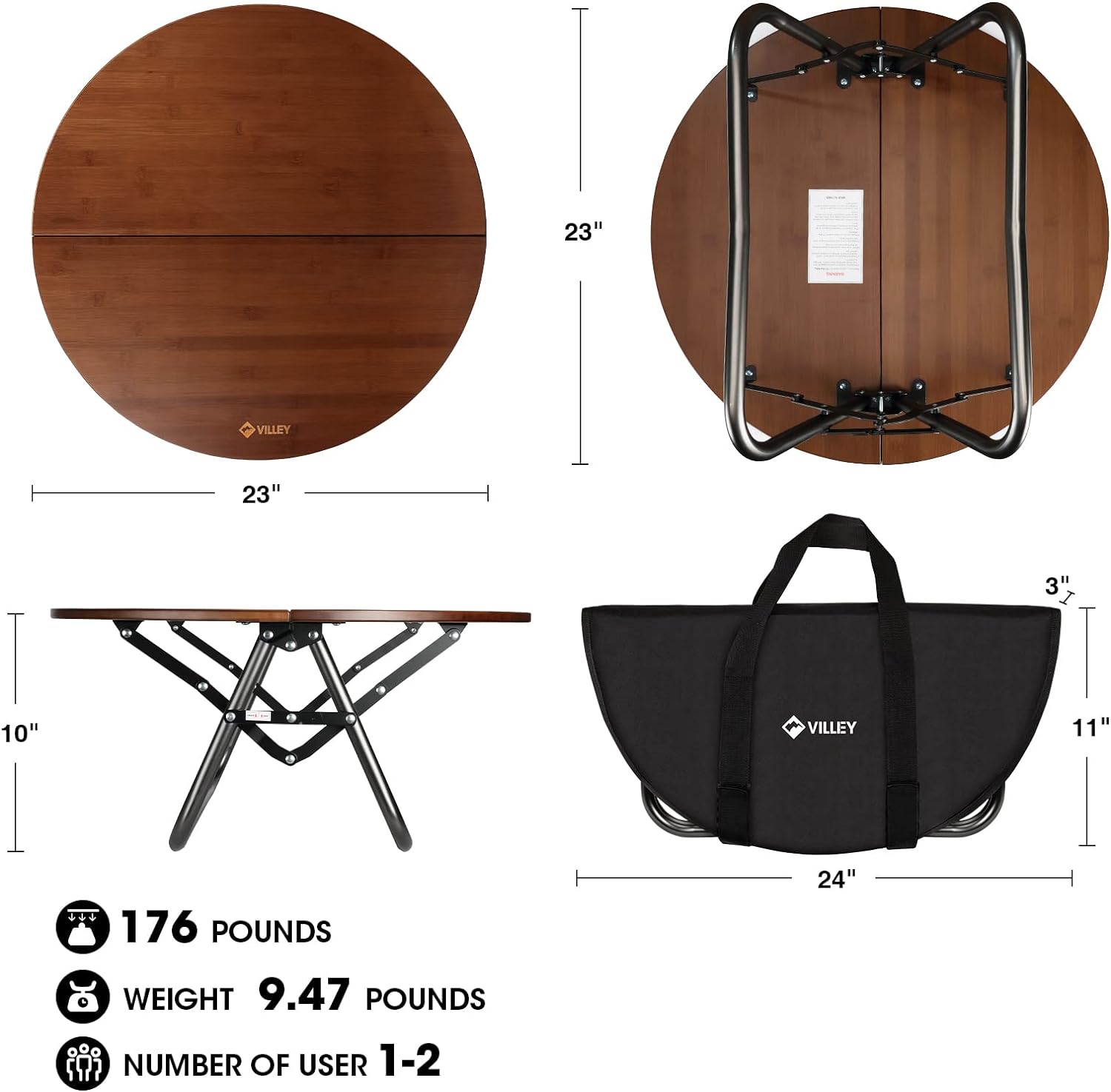 VILLEY Bamboo Round Folding Table, Camping Half-fold Portable Table with Carrying Bag for Indoor & Outdoor Picnic Coffee Barbecue Beach Card Game