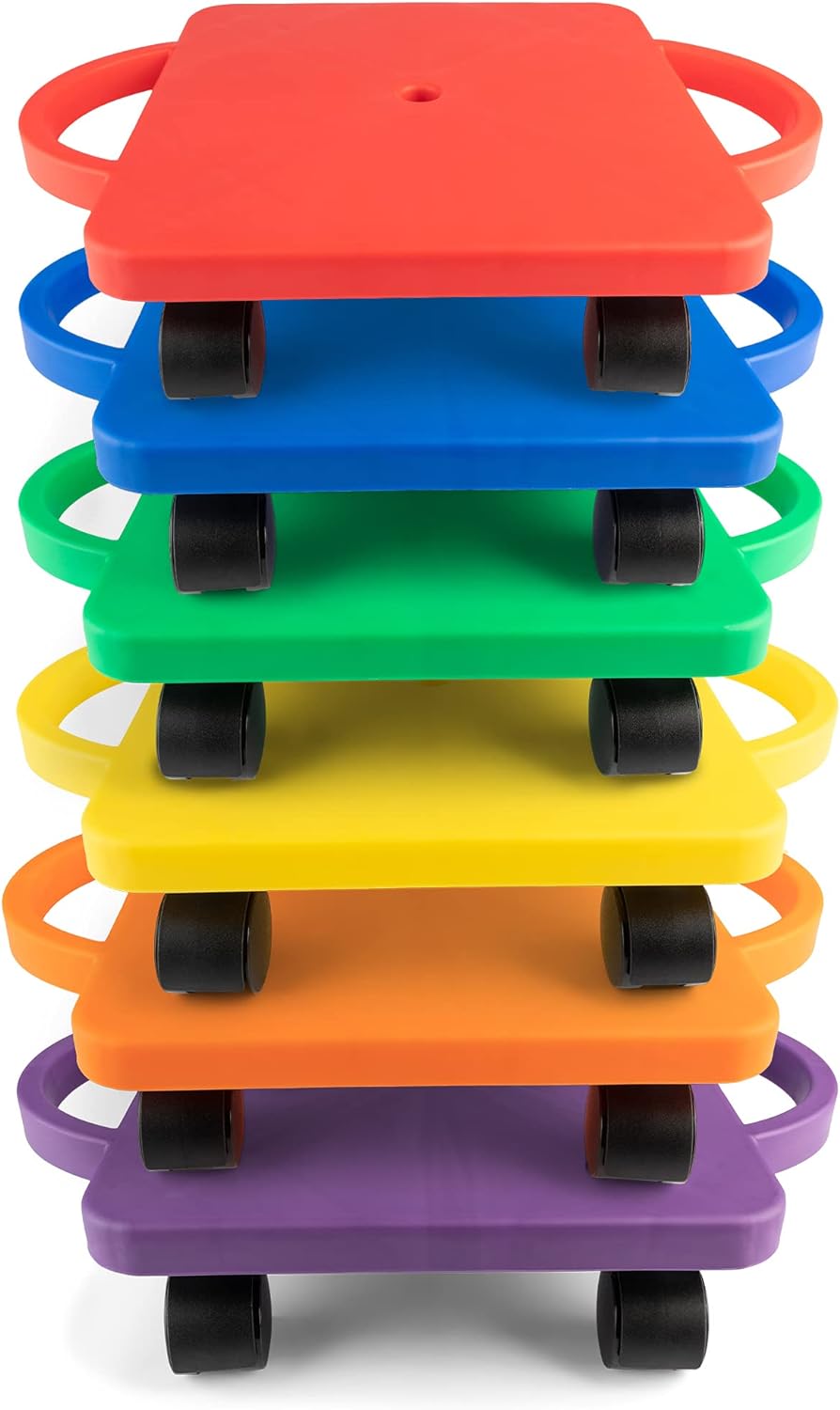 Champion Sports Scooter Board with Handles, Set of 6, Wide 12 x 12 Base - Multi-Colored, Fun Sports Scooters with Non-Marring Plastic Casters for Children - Premium Kids Outdoor Activities and Toys