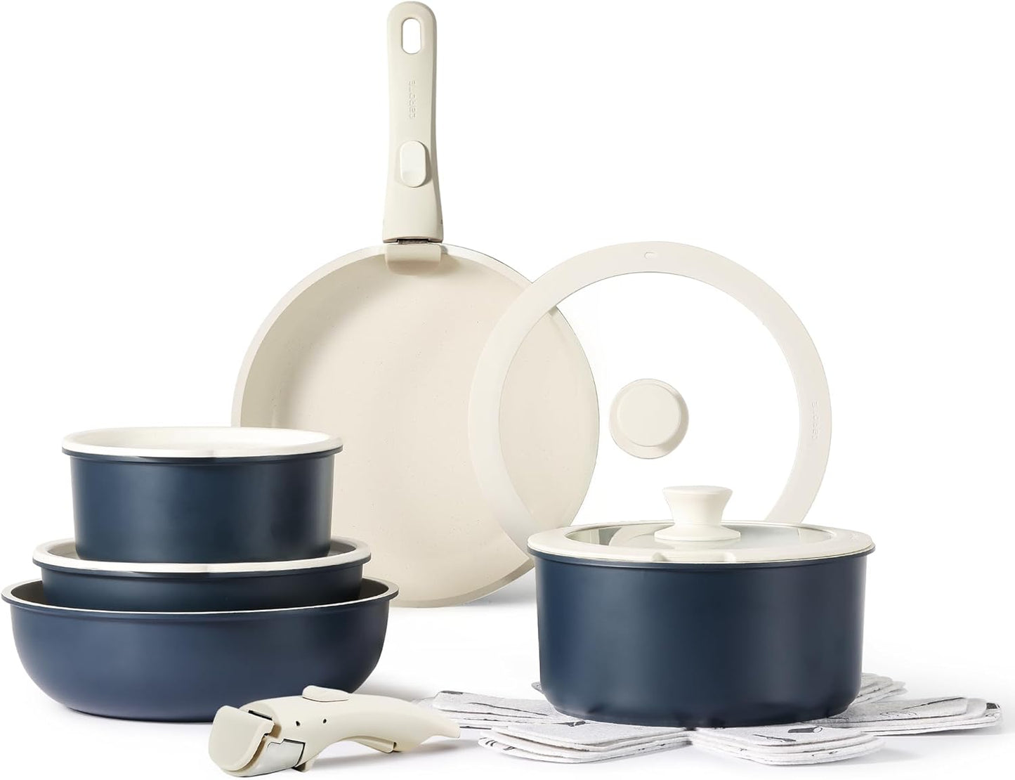 CAROTE 15pcs Pots and Pans Set, Nonstick Cookware Set Detachable Handle, Induction Kitchen Cookware Sets Non Stick with Removable Handle, RV Cookware Set, Oven Safe, Taupe