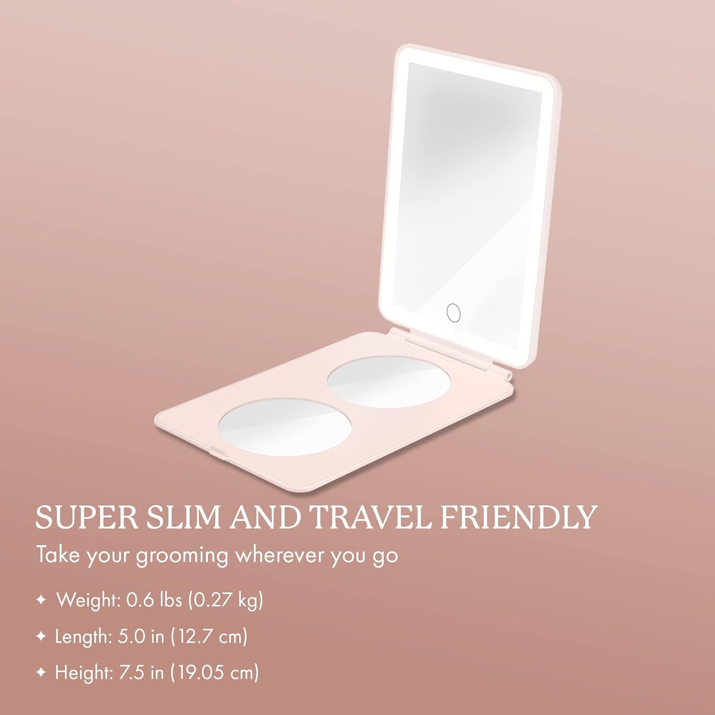 Vanity Planet Handheld Makeup Mirror with Lights, Mini Pose 2.0 (Blush) - Travel LED Mirror with 3X & 5X Magnification - Dimmable Lighting & Micro-USB Rechargeable Lighted Compact Mirror