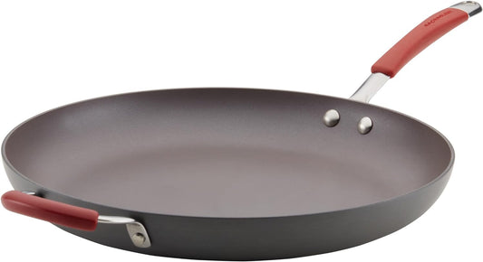 Rachael Ray 87631-T Cucina Hard Anodized Nonstick Skillet with Helper Handle, 14 Inch Frying Pan, Gray\/Red