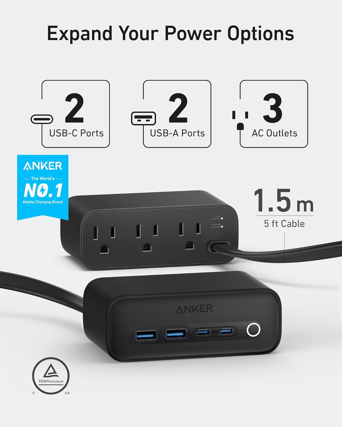 Anker 525 Charging Station, 7-in-1 USB C Power Strip for iPhone 15\/14, 5 ft Thin Cord and Flat Plug, 3 AC, 2 USB A, 2 USB C,65W Power Delivery Desktop Accessory for MacBook Pro,Office (Phantom Black)