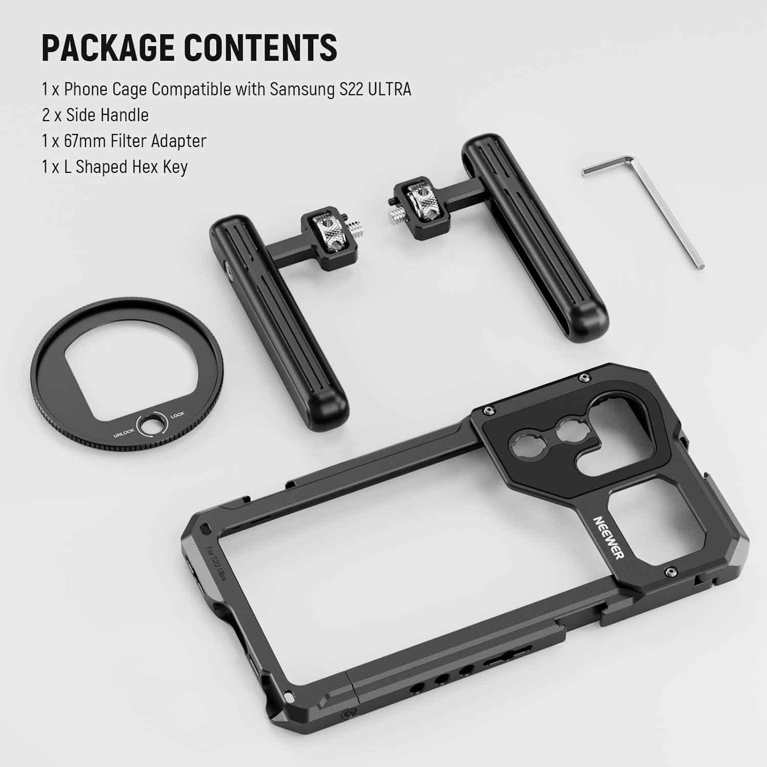 NEEWER S22 Ultra Phone Cage Video Rig Kit with Dual Side Handles, 67mm Lens Filter Thread Adapter, All Metal Smartphone Stabilizer for Filming Video Recording Compatible with Samsung S22 Ultra, PA016