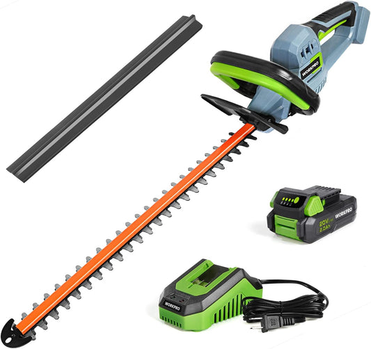 WORKPRO 20V Cordless Hedge Trimmer, 20" Dual Action Blades Electric Gardening Trimmer, 2.0Ah Battery 1 Hour Quick Charger Included, Great Garden Gifts