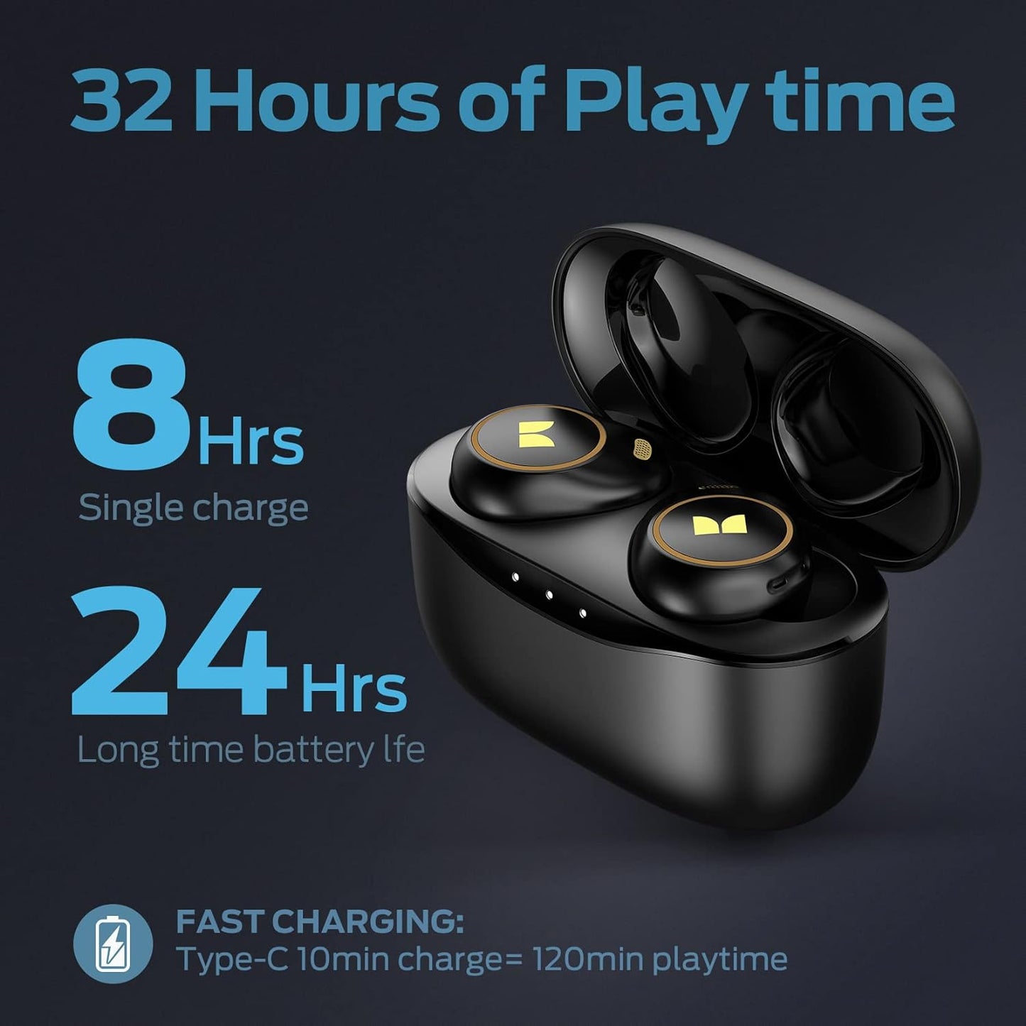 Monster Wireless Earbuds, Achieve 300 AirLinks Bluetooth Headphones Touch Control with Charging Case, Bluetooth Earbuds, Black