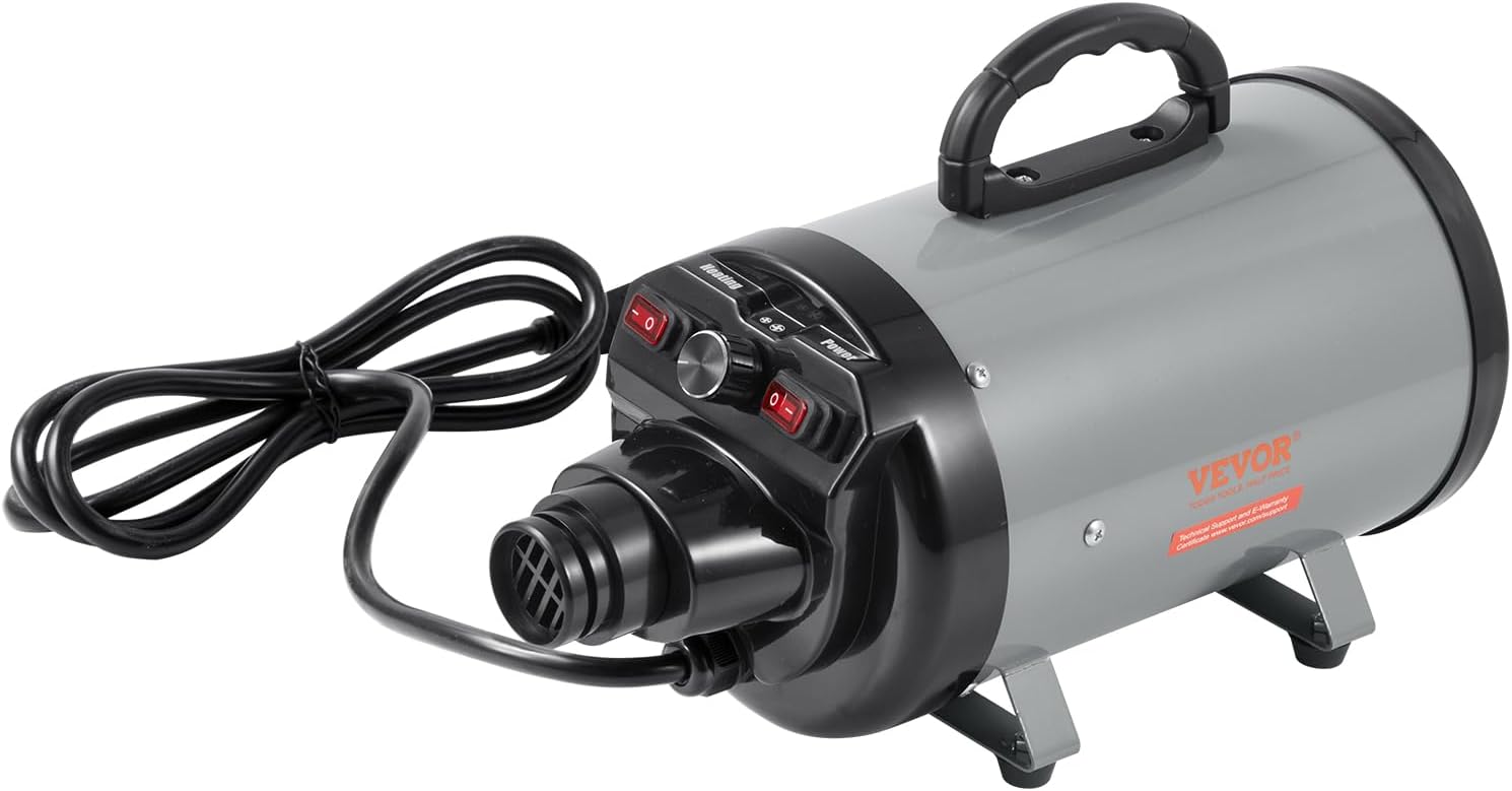 VEVOR Dog Dryer, 2800W\/4.3 HP Dog Blow Dryer, Pet Grooming Dryer with Adjustable Speed and Temperature Control, Pet Hair Dryer with 4 Nozzles and Extendable Hose (Grey and Black)