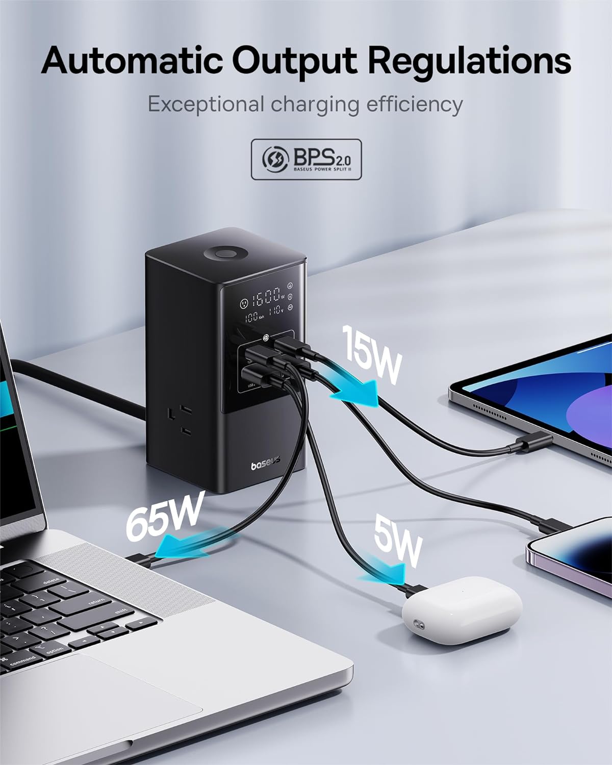 Baseus PowerCombo Charging Station, 3AC+2U+2C Power Strip with 100W USB C Fast Charger, 7-in-1 Portable Charger for Desktop Electrical Appliances, Accessories, MacBook, Tablets, and iPhones
