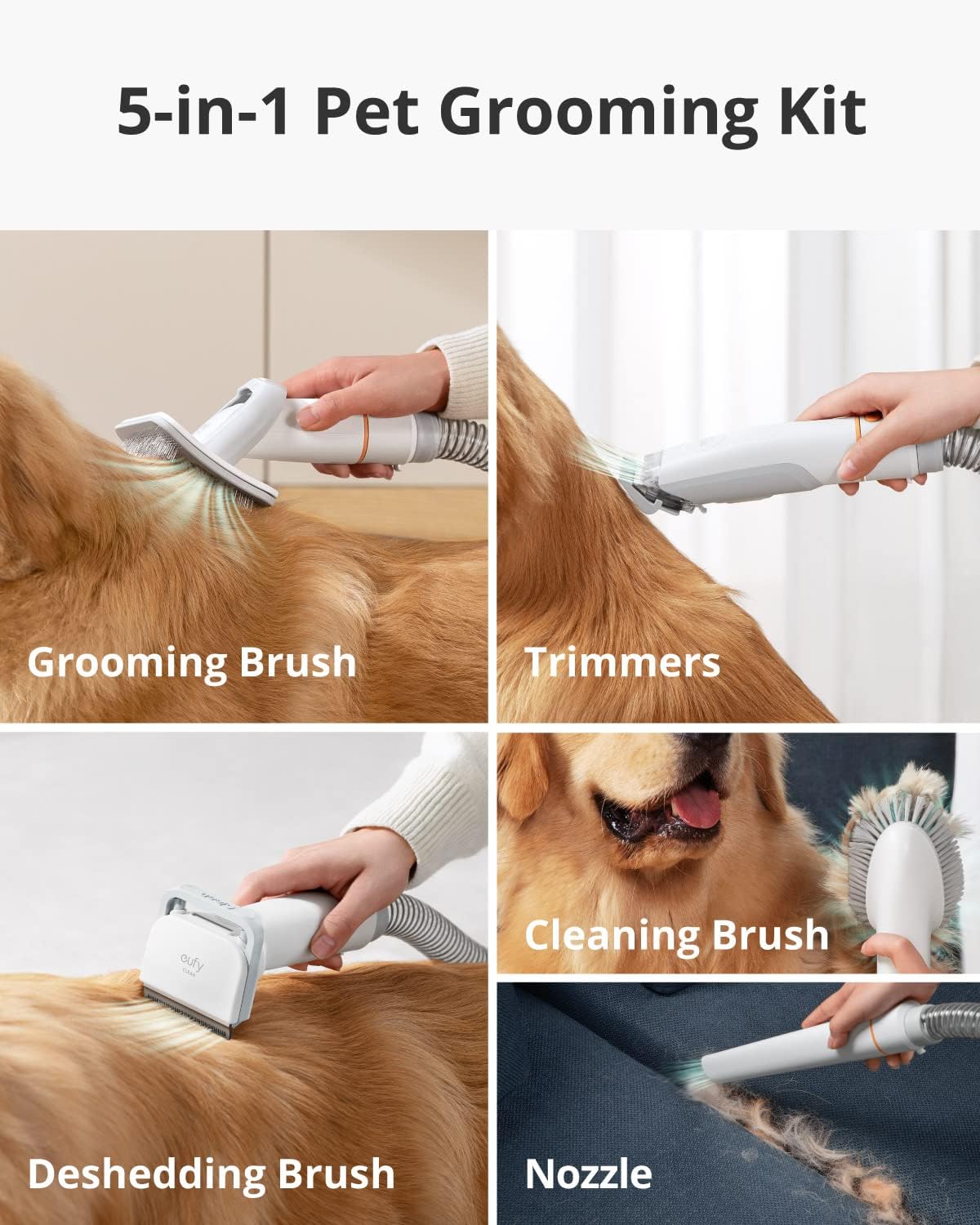 eufy by Anker N930 Pet Grooming Kit with Vacuum, 5-in-1, Strong Suction, 4.5L Large Capacity Dust Box, Hair Trimmer, Unisex, Low Noise, Deshedding, Trimmers, Nozzle, Cleaning Brush for Dogs