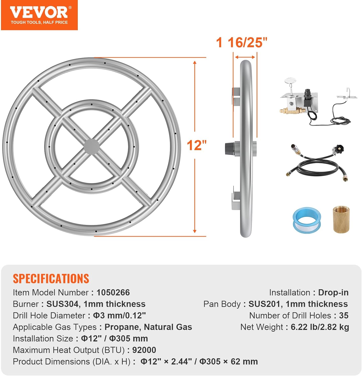 VEVOR 12 inch Round Drop-in Fire Pit Pan, Stainless Steel Fire Pit Burner Kit, Propane Gas Fire Pan with 92,000 BTU for Indoor or Outdoor Use