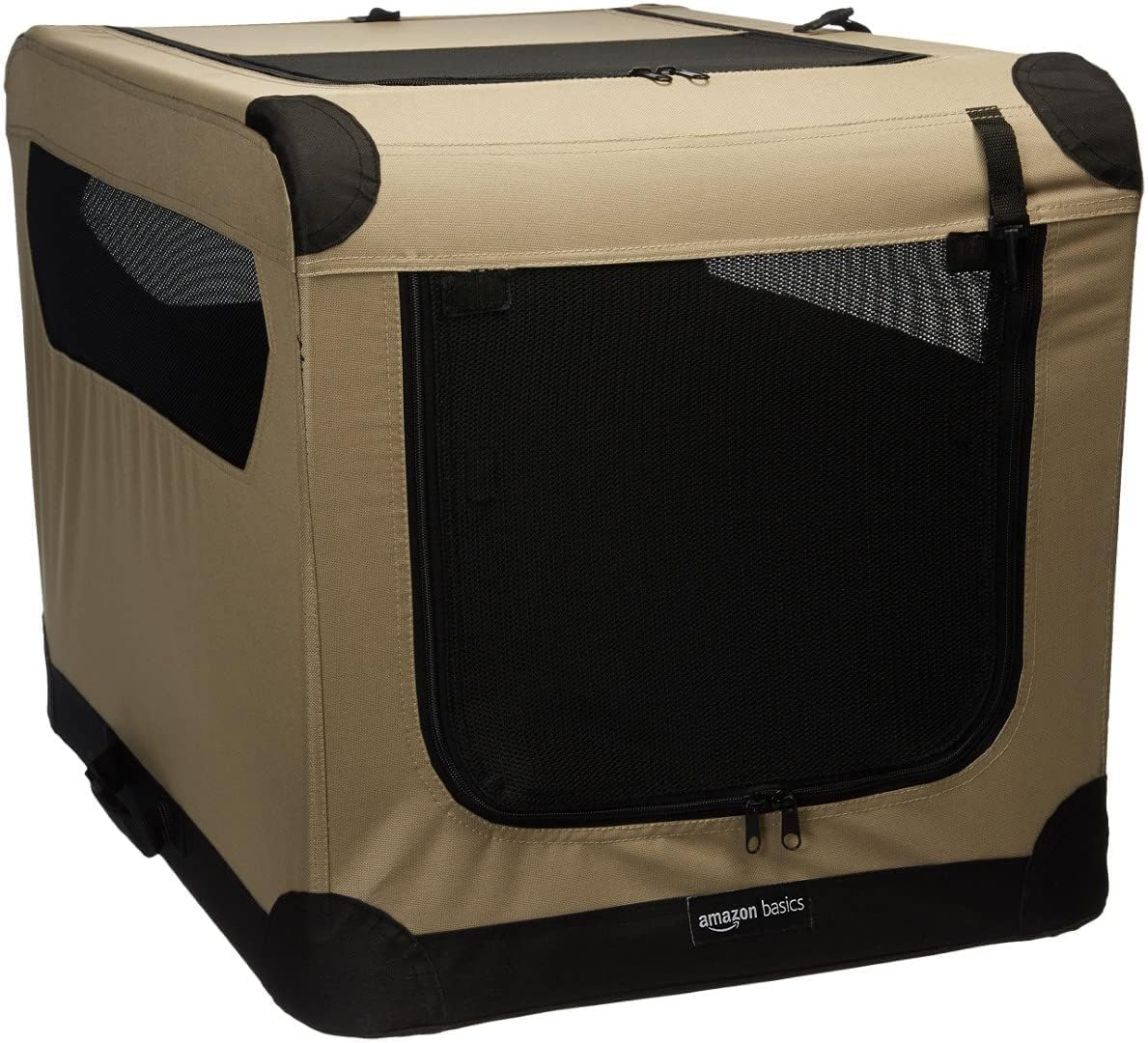 Amazon Basics 2-Door Portable Soft-Sided Folding Soft Dog Travel Crate Kennel, Medium (29.92 x 21.3 x 21.3 Inches), Tan