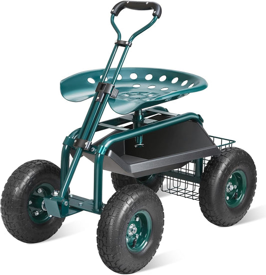 VEVOR Garden Cart Rolling Workseat with Wheels, Gardening Stool for Planting, 360 Degree Swivel Seat, Wagon Scooter with Steering Handle & Utility Tool Tray, Use for Patio, Yard, and Outdoors, Green